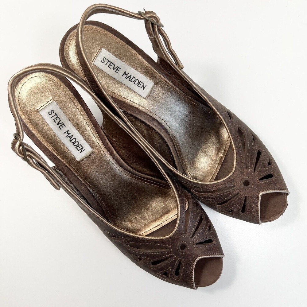 Steve Madden Agrie Brown Open Toe Wedge Sandals Womens 10M Slingback Heel